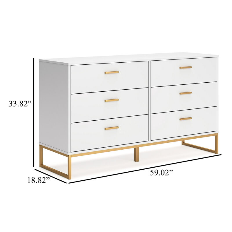 Alli Wide Dresser, 6 Drawers, Matte White Wood, Gold Metal, 59 Inch - Benzara