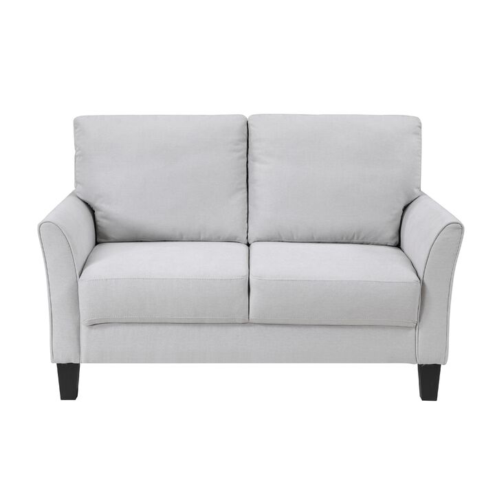 Xumo Loveseat, Light Gray Fabric, 56 Inch, Black Tapered Wood Legs - Benzara