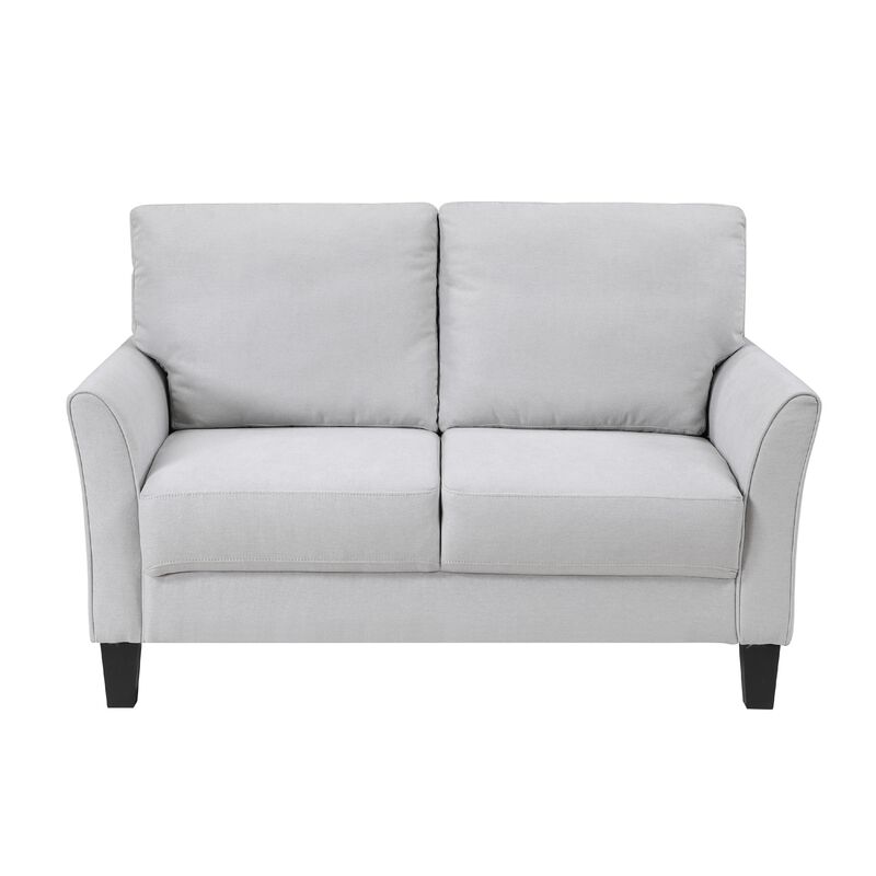 Xumo Loveseat, Light Gray Fabric, 56 Inch, Black Tapered Wood Legs - Benzara