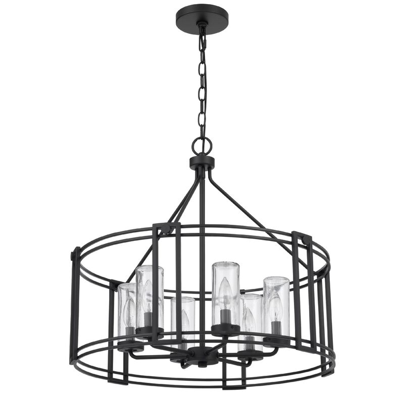 6 Light Chandelier, Caged Round Oval, Glass Shades, Black Metal 24 Inch image number 4