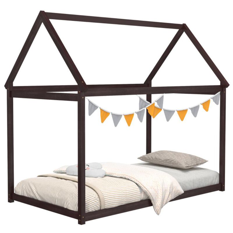 Hivvago Twin Size Kids House Bed Wood Frame with Roof