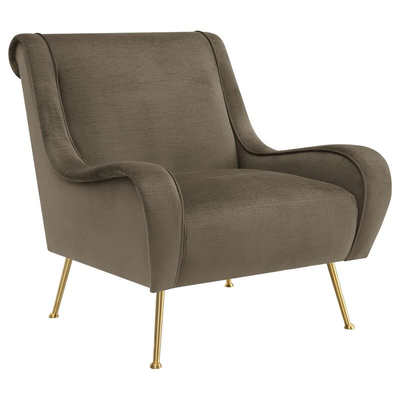 Rik 31 Inch Accent Armchair, Metal Legs, Velvet, Truffle Brown and Gold