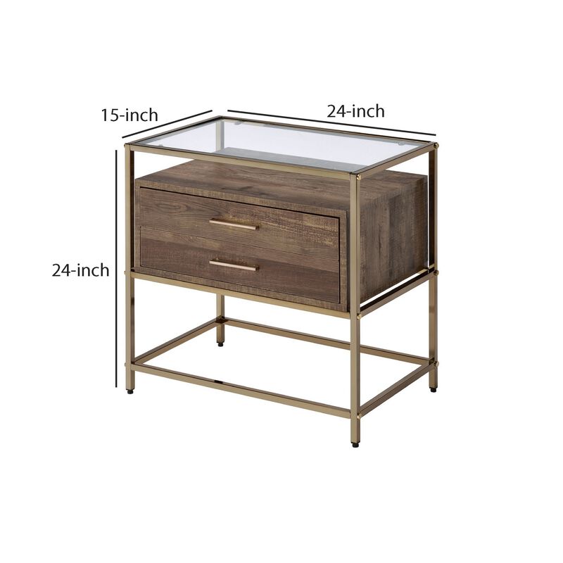 Accent Table with 2 Drawers and Metal Frame Glass Top, Brown and Gold - Benzara