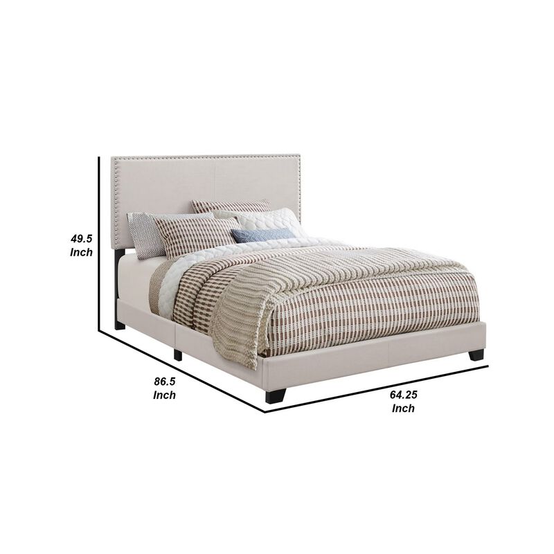 Fabric Upholstered Queen Size Platform Bed with Nail Head Trim, Ivory-Benzara