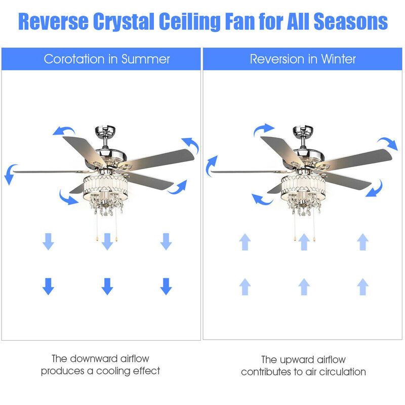 52 Inch Crystal Ceiling Fan Lamp w/ 5 Reversible Blades-Silver