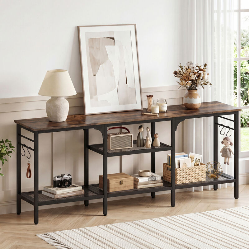 Modern TV Stand with Open Shelves and 4 Hooks Organizer image number 6