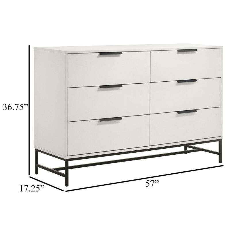 Noro Wide Dresser, 6 Storage Drawers, Modern White, Black Metal Legs - Benzara