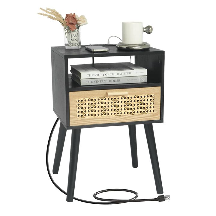 MaxSmeo Mid Century Modern Nightstand with Charging Station, Bedside Tables with Rattan Drawer, Small Wood Nightstand Side Table