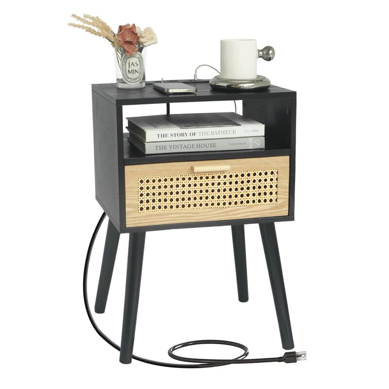 MaxSmeo Mid Century Modern Nightstand with Charging Station, Bedside Tables with Rattan Drawer, Small Wood Nightstand Side Table