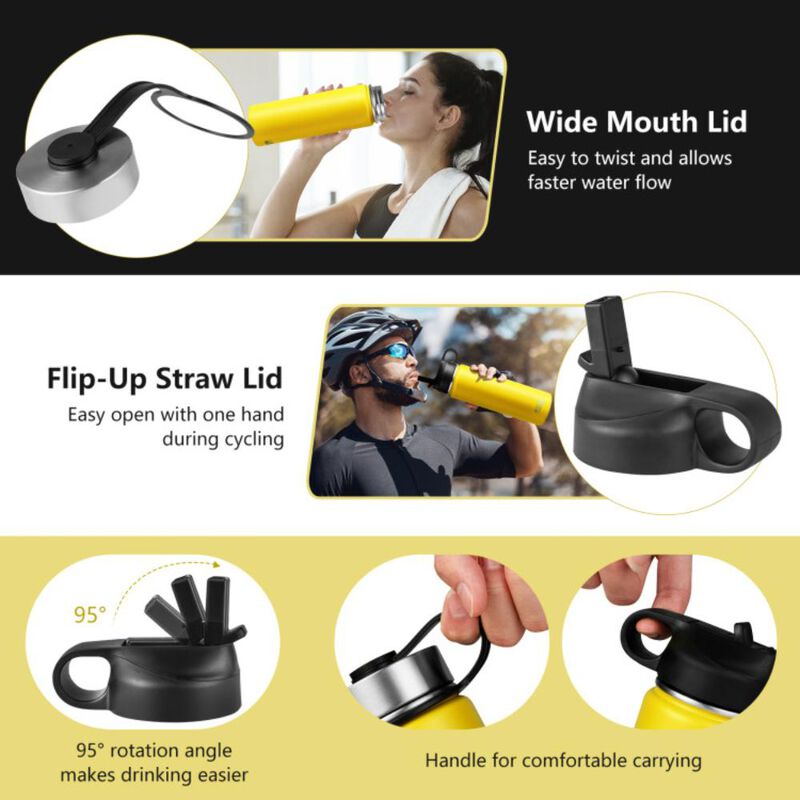 Costway22 Oz Double-walled Insulated Stainless Steel Water Bottle with 2 Lids and Straw