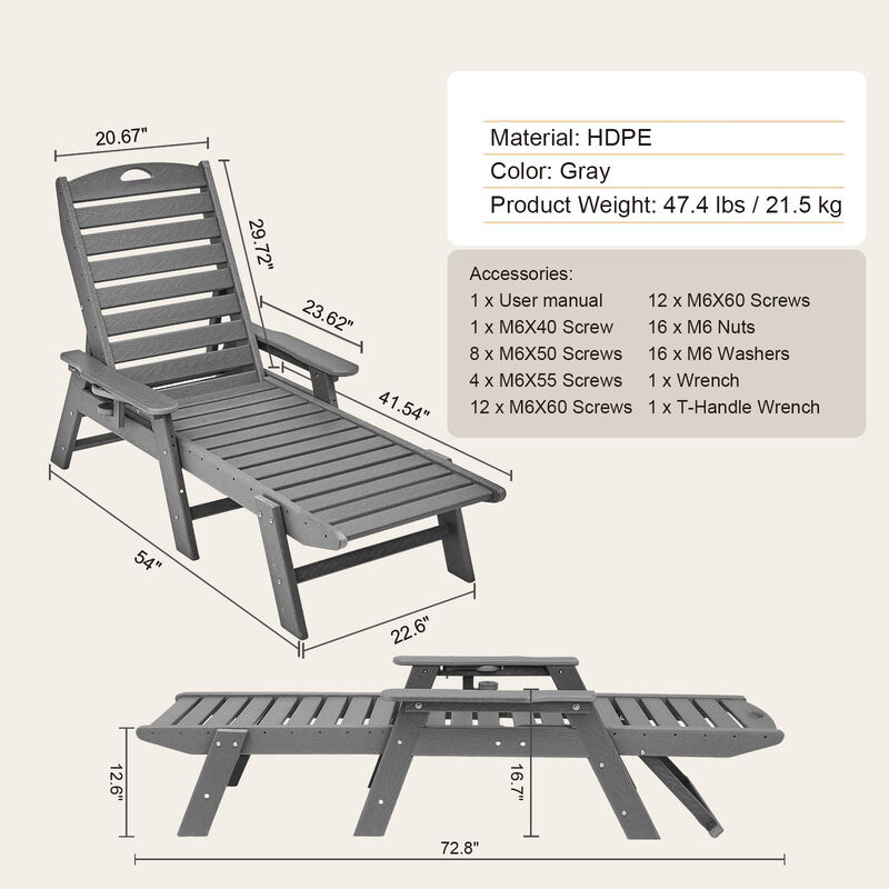 Patio Chaise Lounge Chair with 6 Positions &ndash; HDPE Outdoor Chair for Poolside