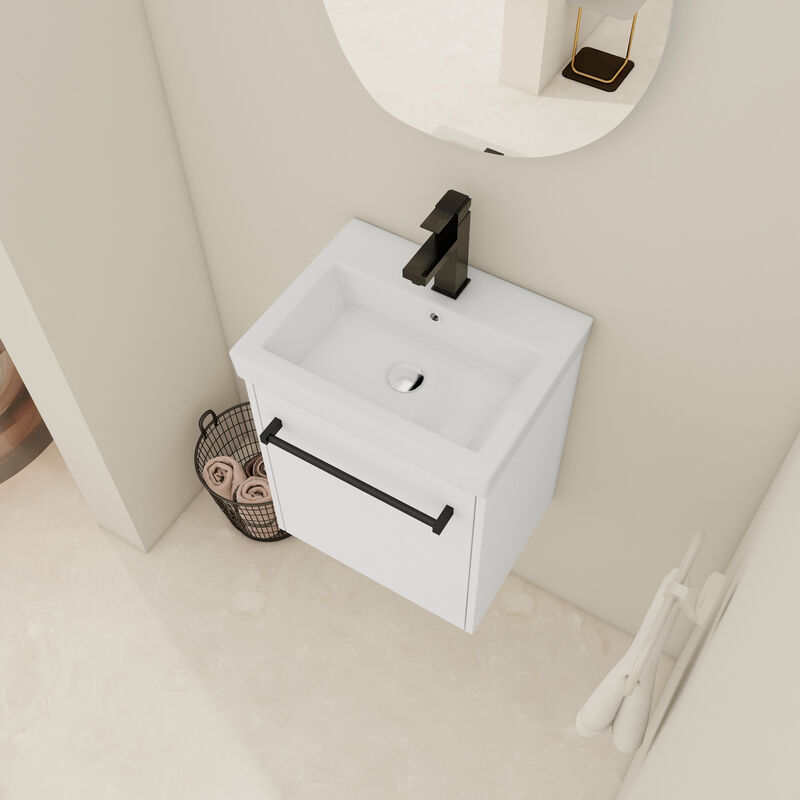 ELEMENT ACE Compact Floating Wall-Mounted Bathroom Vanity with Integrated Ceramic Sink and Soft-Close Cabinet Storage image number 6