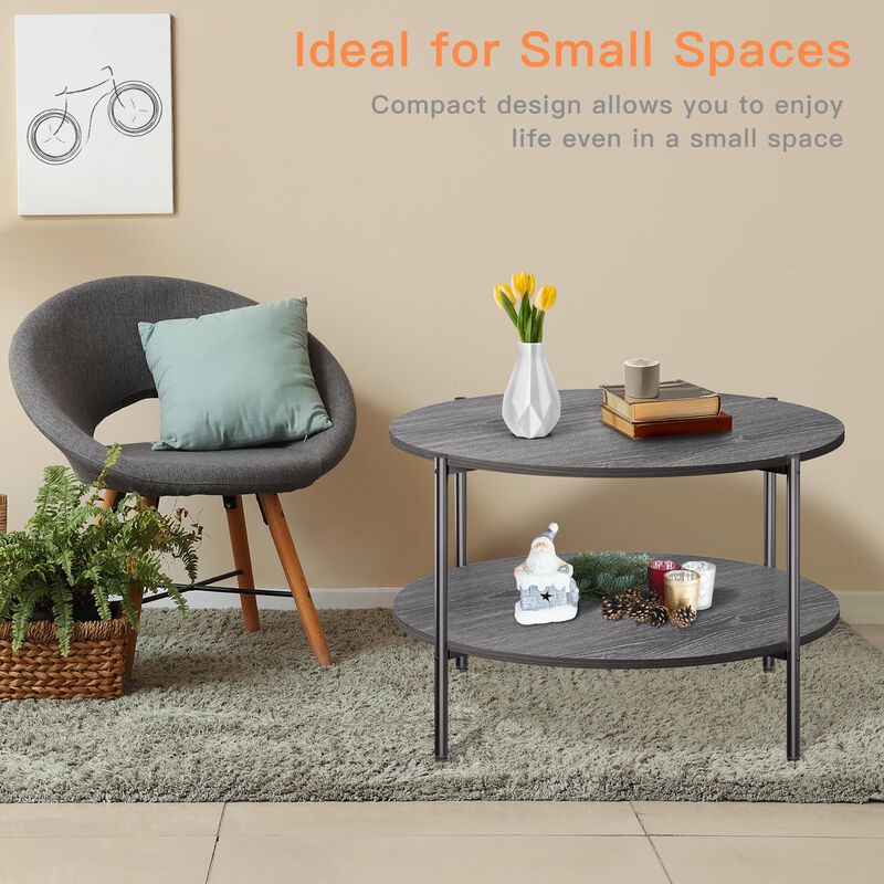 FAMIDGE Round Coffee Table Living Room, 27.6"" Small Coffee Table, 2-Tier Circle Coffee Table with Storage Shelf, Circular Wood image number 2