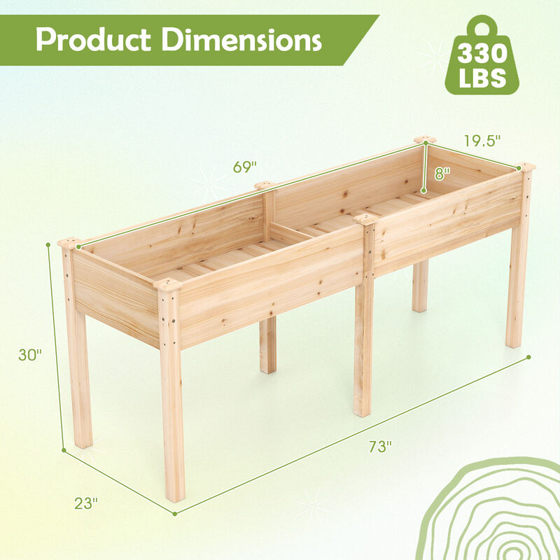 Sturdy Fir Wood Raised Garden Bed with Divider Panel and Built-in Drainage