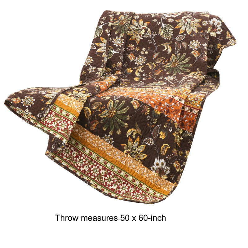 Athens 60 Inch Throw Blanket, Chocolate Brown Polyester, Jacobean Print - Benzara