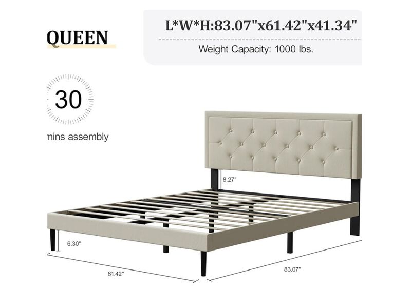 Queen Size Platform Bed Frame With Upholstered Velvet Headboard, Button Tufted & Rivet Design, Mattress Foundation With Wooden Slat Support, No Box Spring Needed, Noise Free, Easy Assembly