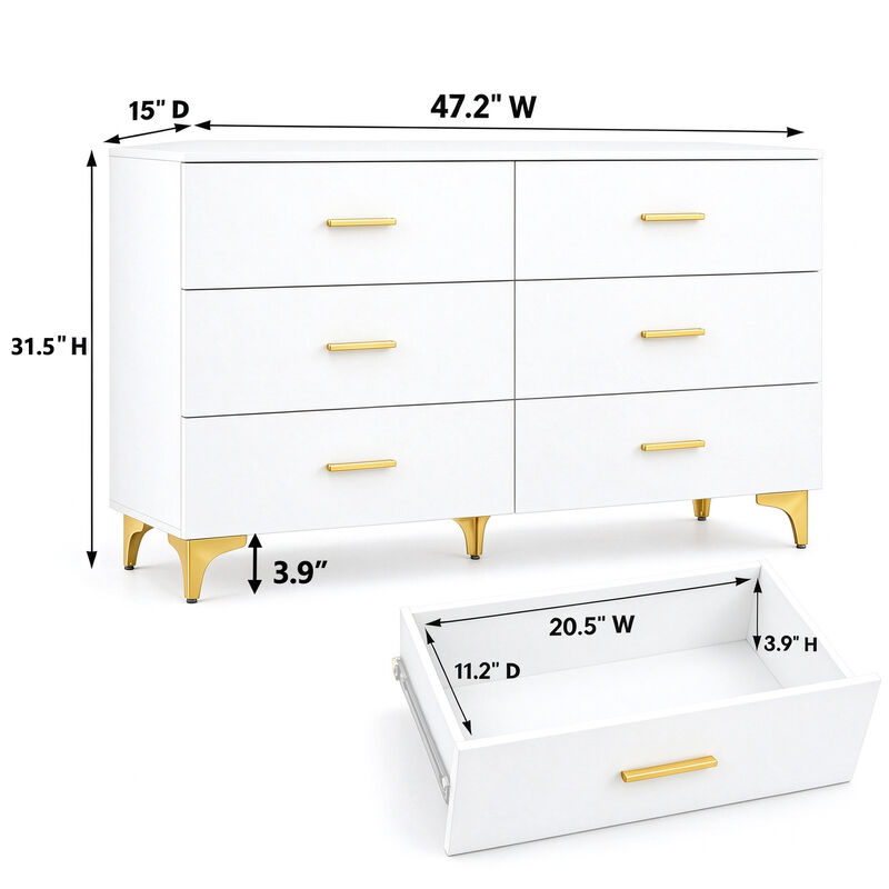 47" White 6 Drawer Dresser with Gold Handles & Legs image number 2