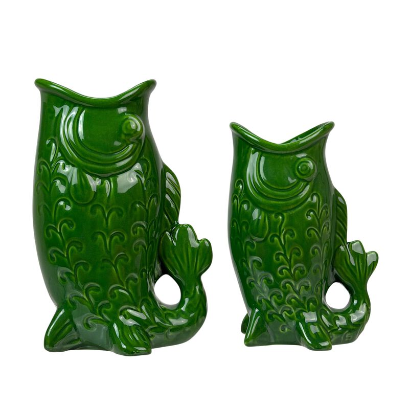 Set of 2 Green Glossy Porcelain Vases 8in Gurgling Fish Coastal Decor image number 2