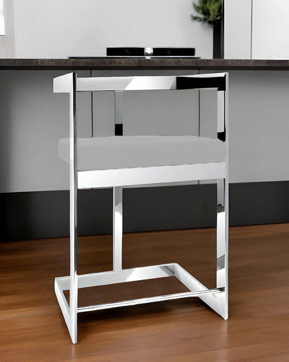 HomeRoots 26" Gray and Silver Velvet and Stainless Steel Low Back Counter Height Bar Chair