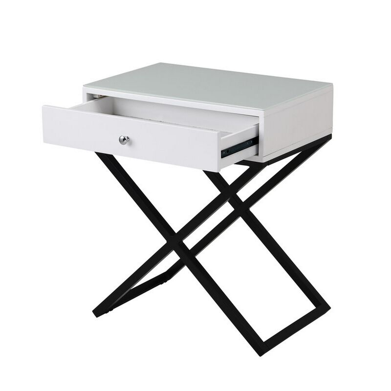 Zeno 27 Inch 1 Drawer Nightstand, Glass Top, Black Metal Cross Legs, White - Benzara