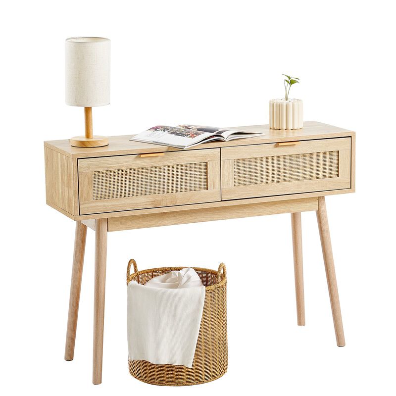 Boho Rattan Console Table – Entry Table with Drawers and Sliding Storage Door, Perfect for Small Spaces