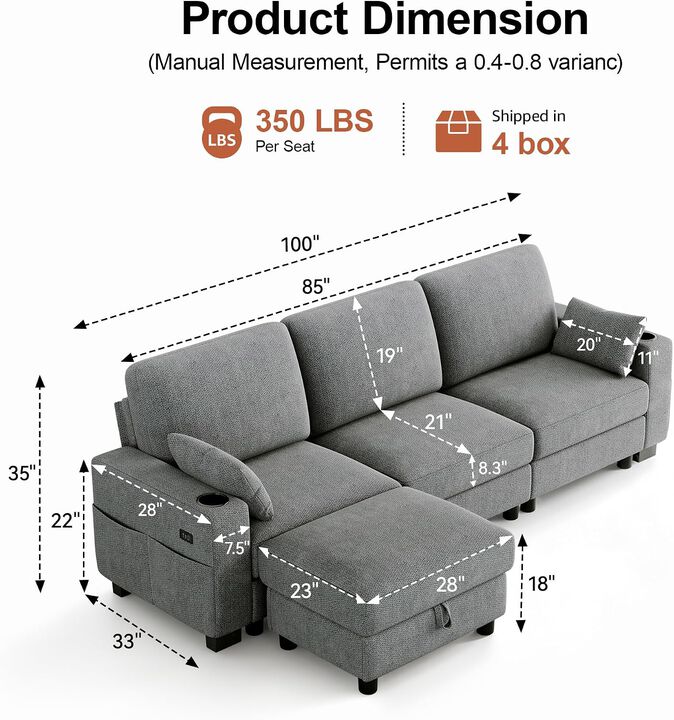 Vipbear 100 Inch Modular Sectional Sofa, Soft Chenille L Shaped Couch with Moveable Storage Ottoman