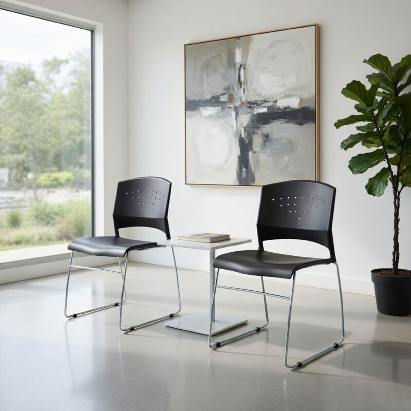 Anu Stack Chair Set of 2, Sculpted Black Polypropylene, Chrome Sled Base image number 1