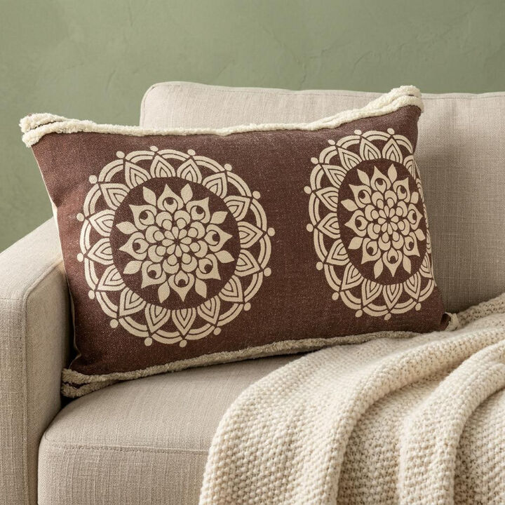 HomeRoots 16" X 24" Brown and Ivory Medallion Cotton Lumbar Throw Pillow With Texture