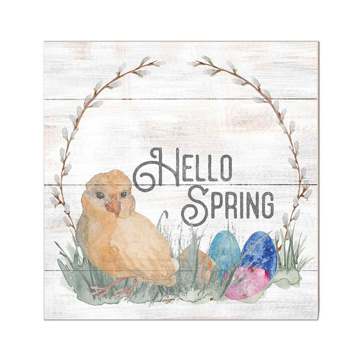 10" Yellow and White "Hello Spring" with a Chick and Easter Eggs Sign