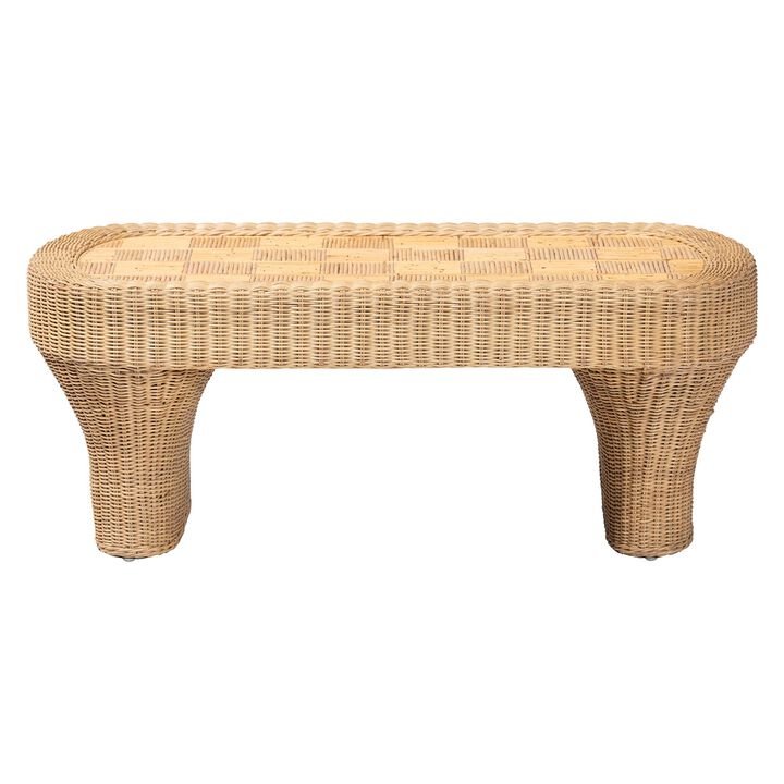 bali & pari Canika Natural Rattan Coffee Table - Handwoven Wicker Accent Table with Checkered Tabletop and Waterfall Base for Living Room or Sunroom