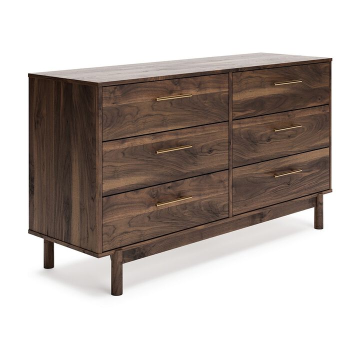 Kip 59 Inch Modern Dresser, Brown Wood Frame, 6 Drawers, Gold Metal Handles - Benzara