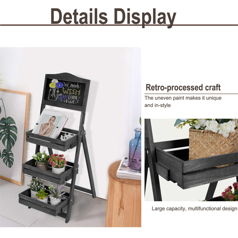 3-Tier Wood A-Frame Sidewalk Menu Chalkboard Sign with Display Shelf Plant Stand image number 6