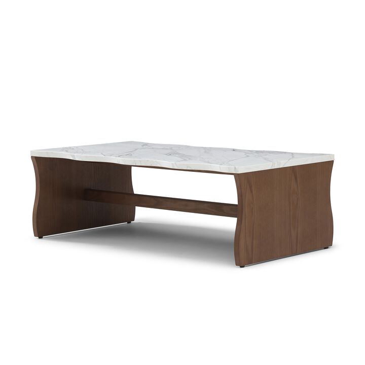 Whisper of Waves Modern Coffee Table with Faux Marble Top & Wood Tone Base