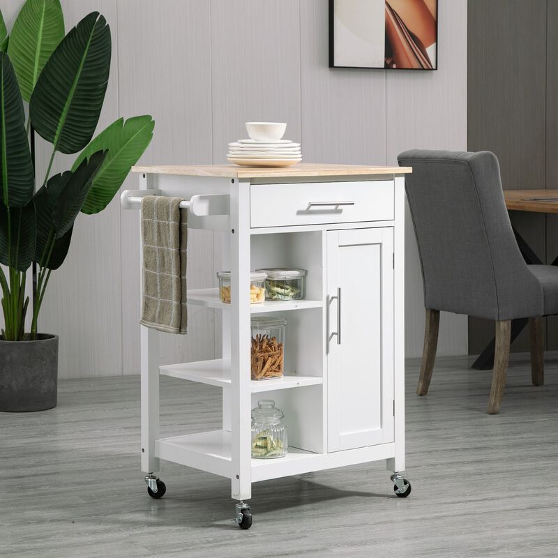 White Kitchen Cart, Rolling Kitchen Island Cart on Wheels with Handle, Rubber Wood Tabletop , Serving Utility Trolley Cart