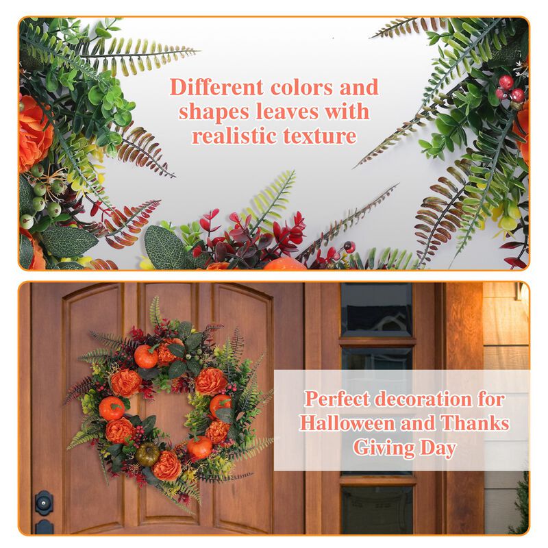 Halloween and Thanksgiving Autumn Wreath with Pumpkins and Fall Leaves image number 3