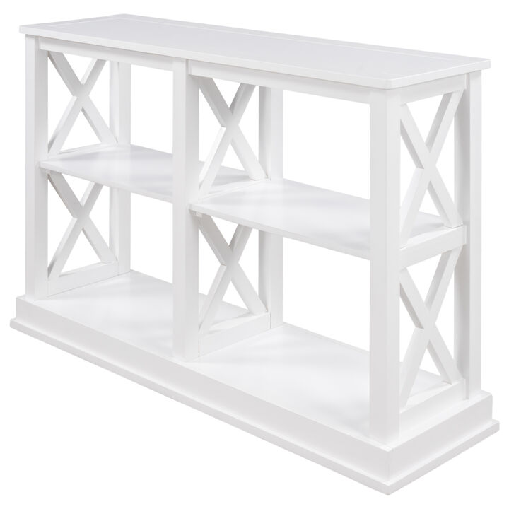 Console Table with 3-Tier Open Storage Spaces and "X" Legs, Narrow Sofa Entry Table for Living Room (White)
