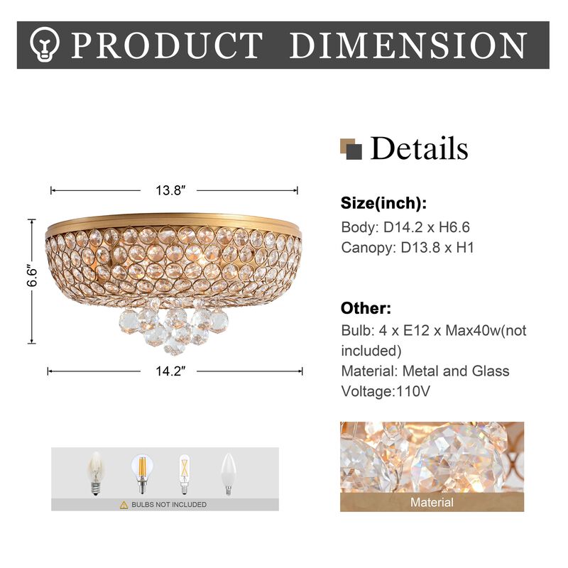 Josie Brushed Brass 4-light Flush Mount Crystal Chandelier image number 2
