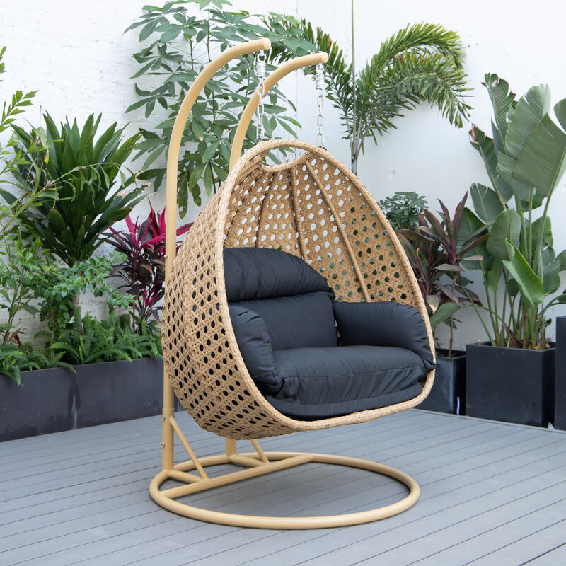 LeisureMod Mendoza Light Brown Wicker Hanging 2 person Egg Swing Chair Removable Cushion With Iron Base