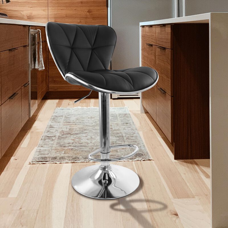 Elama 2 Piece Diamond Tufted Faux Leather Adjustable Bar Stool in Black with Chrome Trim and Base