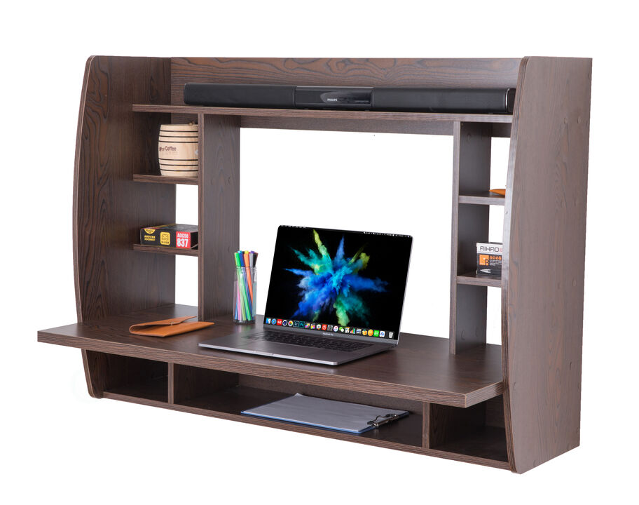 Wall Mount Laptop Office Desk with Shelves, Brown