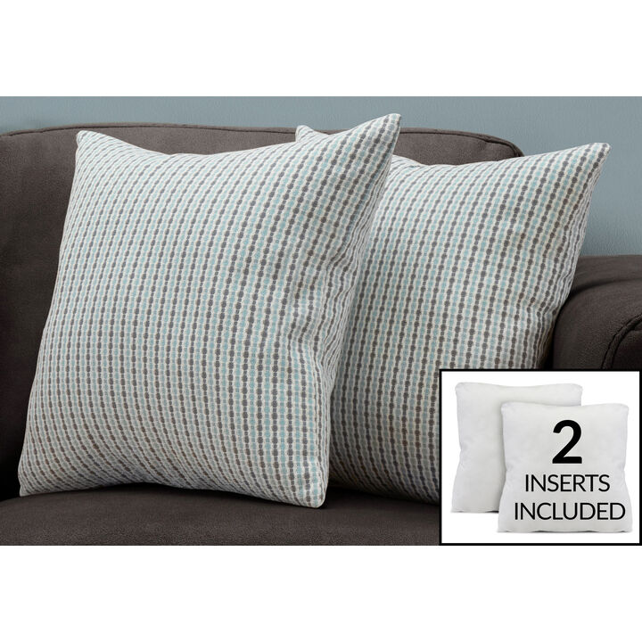 Monarch Specialties I 9231 Pillows, Set Of 2, 18 X 18 Square, Insert Included, Decorative Throw, Accent, Sofa, Couch, Bedroom, Polyester, Hypoallergenic, Blue, Grey, Modern