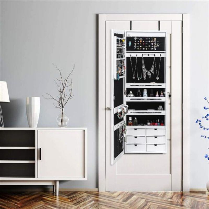 Wall-Mounted Jewelry Storage Mirror Cabinet with 4-Layer Shelf, 6 Drawers & 8 Blue LED Lights