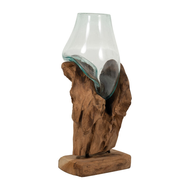 Glass 12"h Vase In Wood Stand, Brown