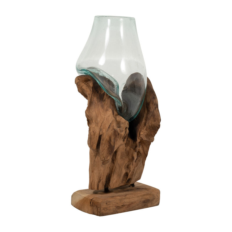 Glass 12"h Vase In Wood Stand, Brown image number 1