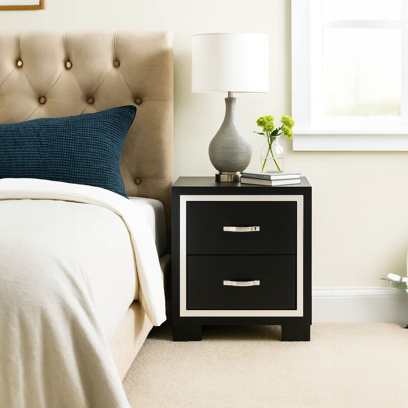 Geny Nightstand, 2 Drawers, Silver Trim and Metal Handles, Black Wood image number 6