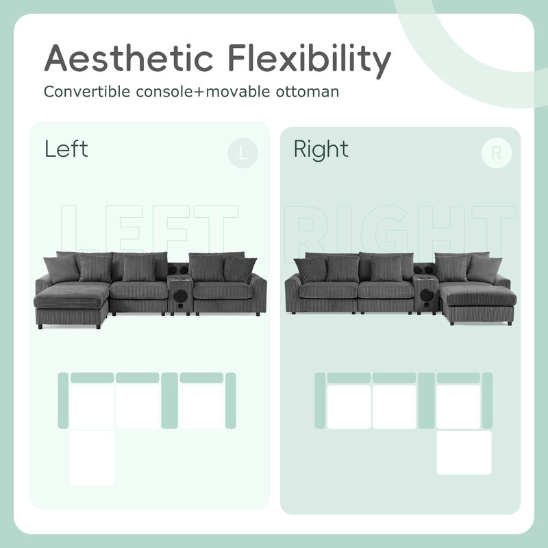 Whisen Corduroy Sectional Sofa with Bluetooth Speakers,Built-in Charging Console,Storage Ottoman,and Wide Seat Cloud Couch image number 4