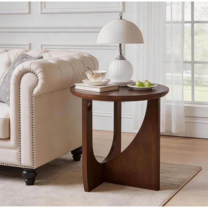 Solid Wood Round Side Table, Sculpted Rubberwood Accent Piece, Walnut Finish