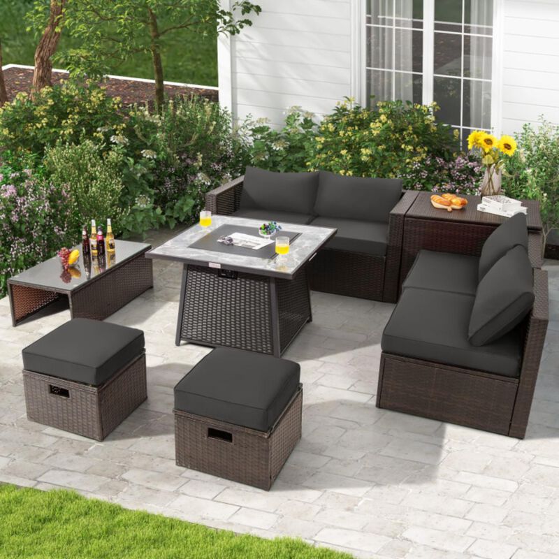 Hivvago 9 Pieces Patio PE Wicker Sectional Set with 50000 BTU Fire Pit Table
