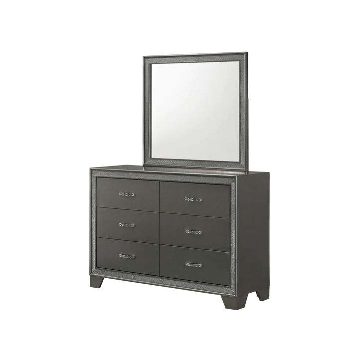Benjara Kay 58 Inch Wide Dresser with Mirror, 6 Drawers, Shimmering Trim, Wood, Gray and Silver