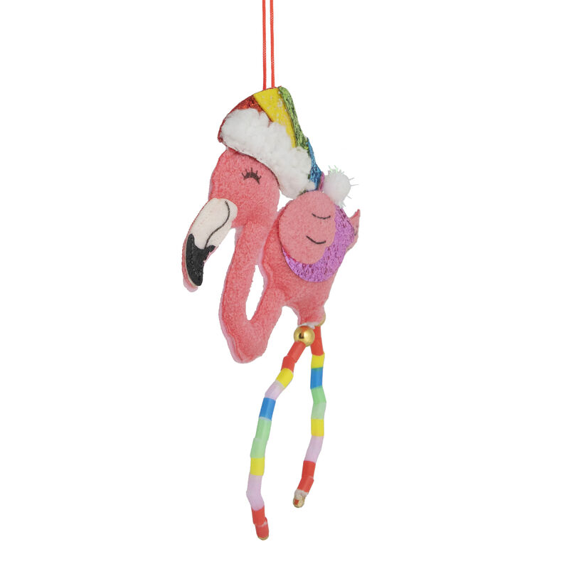 7.5" Pink Plush Flamingo with Rainbow Santa Hat Christmas Ornament image number 2